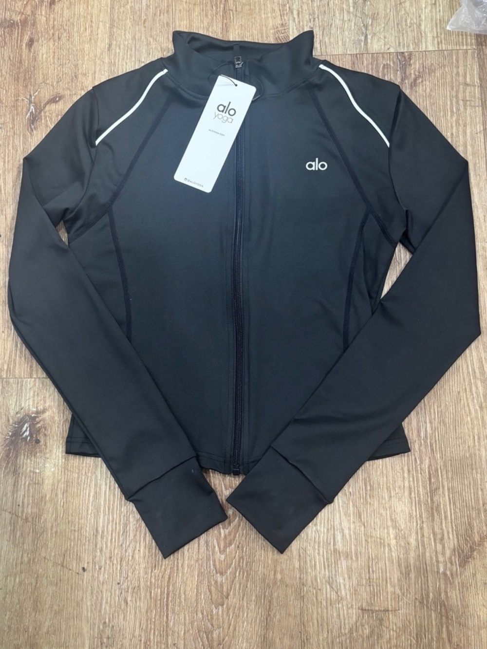 ALO Yoga Black Athletic Zip Jacket with White Piping